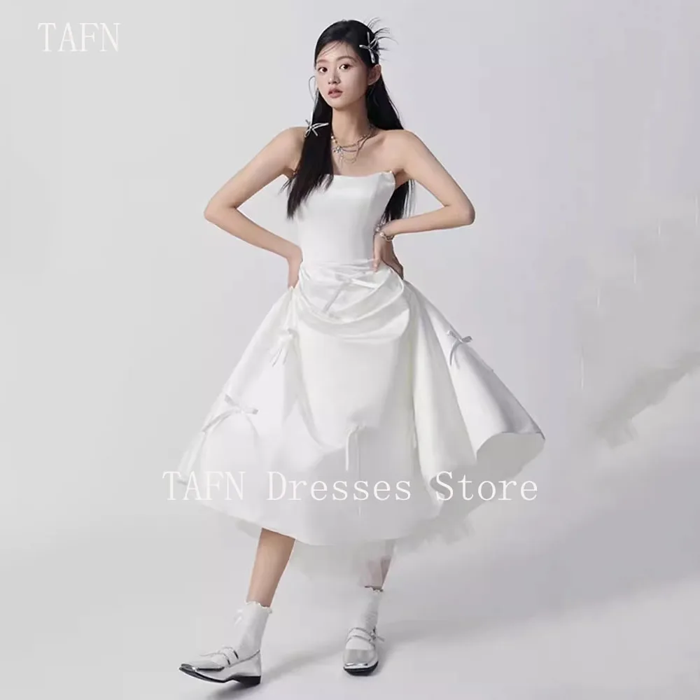 

TAFN Korea Wedding Dresses Strapless A-line Satin Bow Bridal Gown Custom Made 웨딩드레스 Tea-Length Wedding Gown Photo Shoot