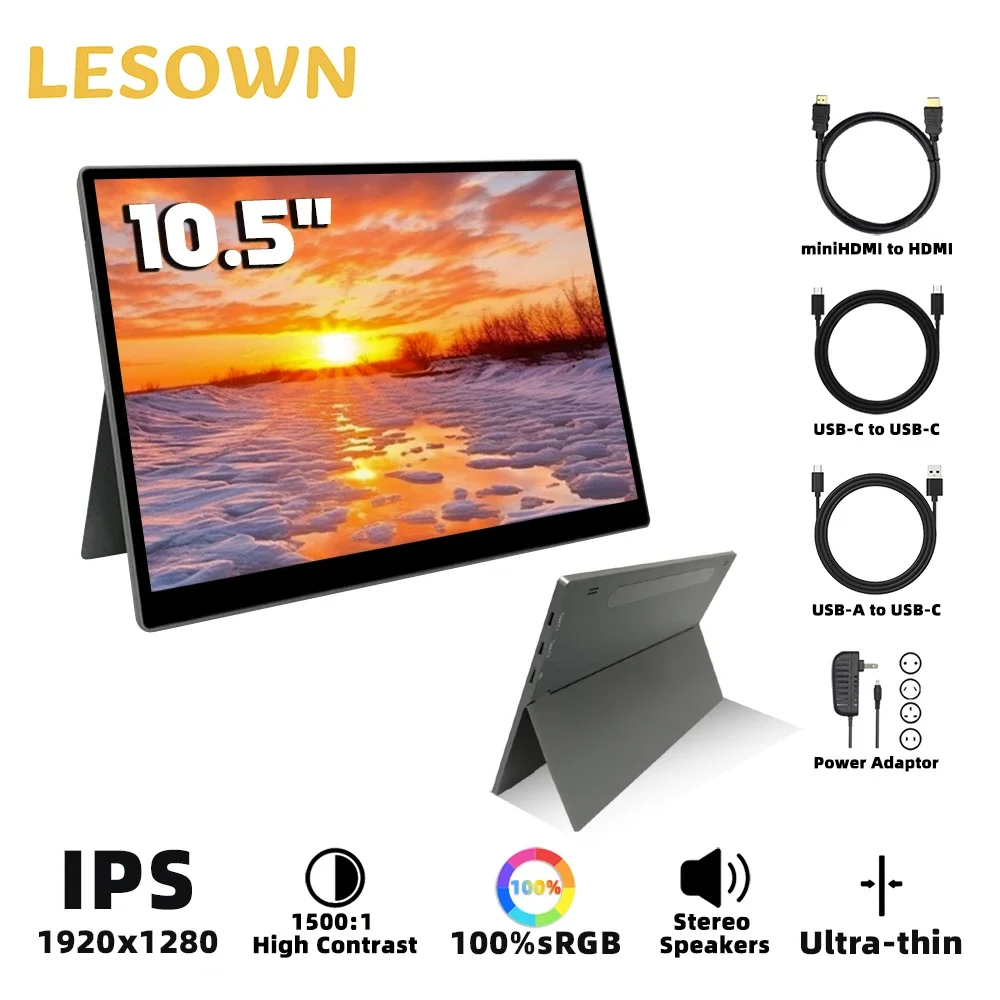 LESOWN Portable Small Monitor 10.5 inch USB C 100%sRGB 1500:1 1920x1280 IPS Touch Ultra-thin Second Screen Display for Computer