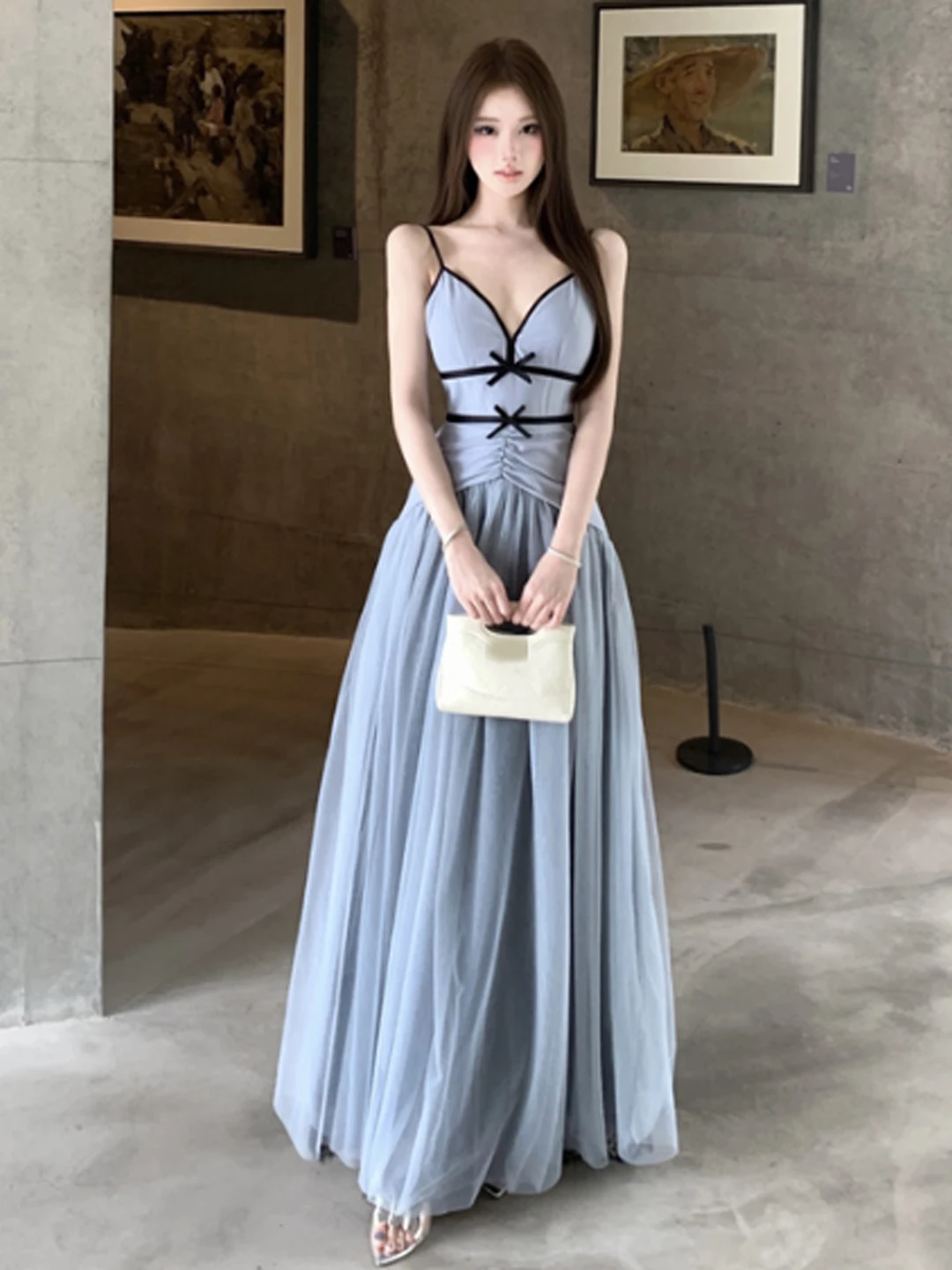

Korean Style Unique Beautiful V-Neck Waist-Cinching Slimming Lace-Trimmed Long Dress Gentle Elegant Summer Dress