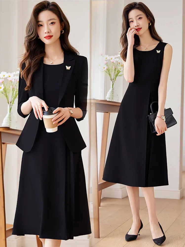 

Office Ladies Dress Suits for Women Fall Winter 2024 Solid Single Button Slim Formal Blazer Tanks Dress 2 Piece Set