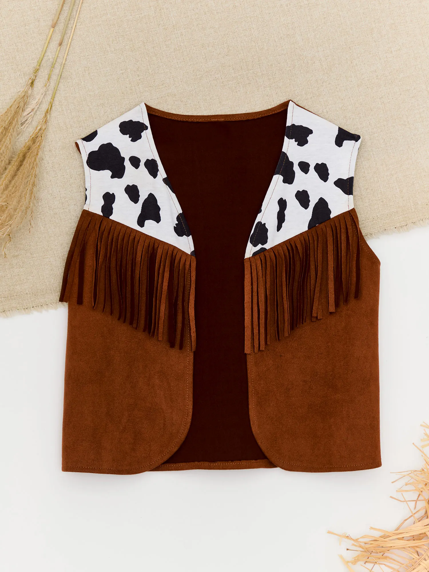 Bambini ragazzi ragazze Western Cowboy Cowgirls abiti Costume mucca stampa frangia gilet in pelle scamosciata + cappelli Bandana Set per la festa di Halloween