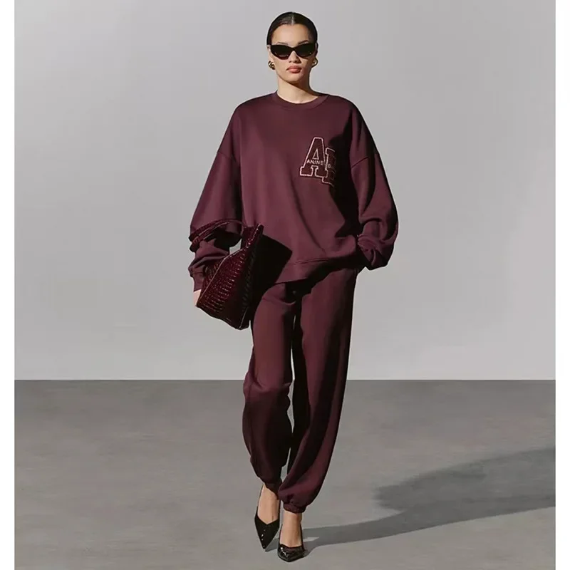 24 New Winter North American Niche AB Hand Special Embroidered Velvet Wine Red Loose Women's Crew-neck Sweater