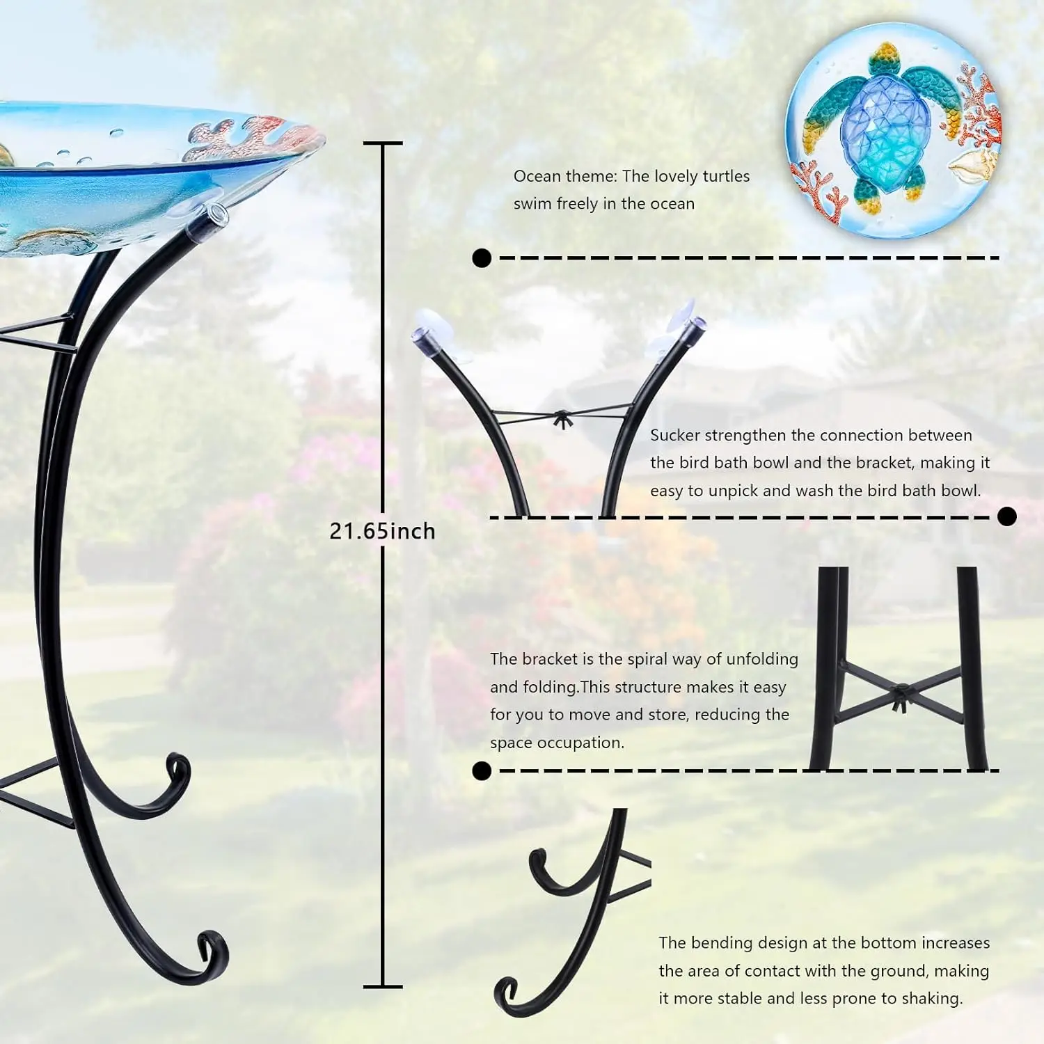 حمام كبير على شكل طيور من زجاج السلحفاة البحرية مع حامل معدني للحديقة الخارجية وديكور الفناء باللون الأزرق