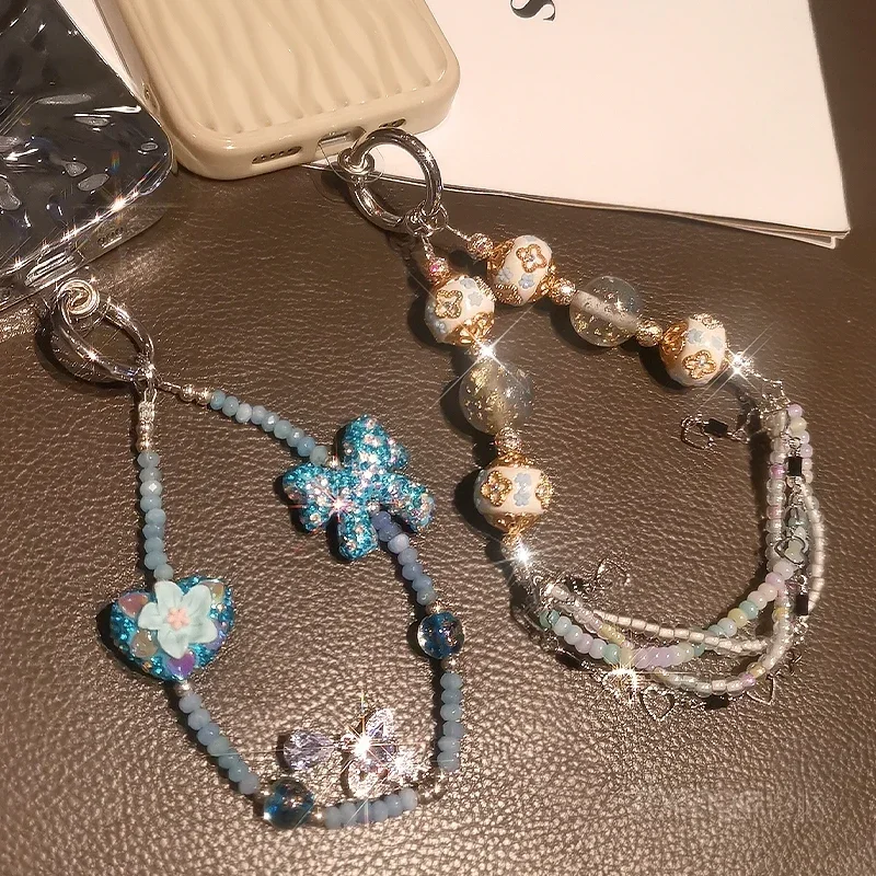 Mobile Phone Lanyard Crystal Beaded Mobile Phone Chain Shiny Rhinestone Chain Hand Beaded Full Diamond Butterfly Pendant Rope