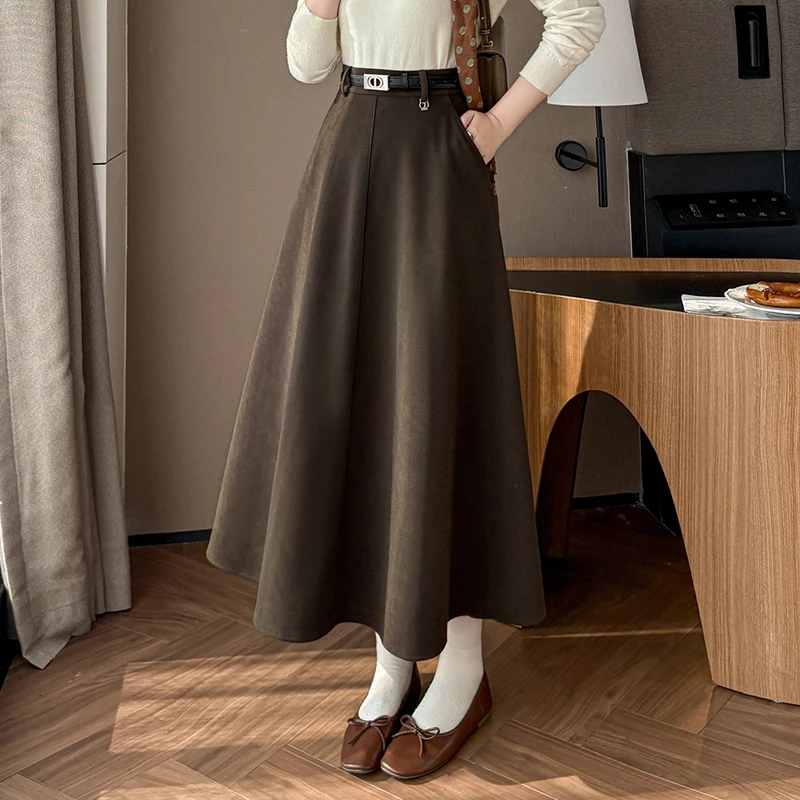 

High Quality Midi-length Women's Woolen Skirt Vintage A Large Hem Covers Women Chic Fall Winter Thick Faldas with Belt 2025