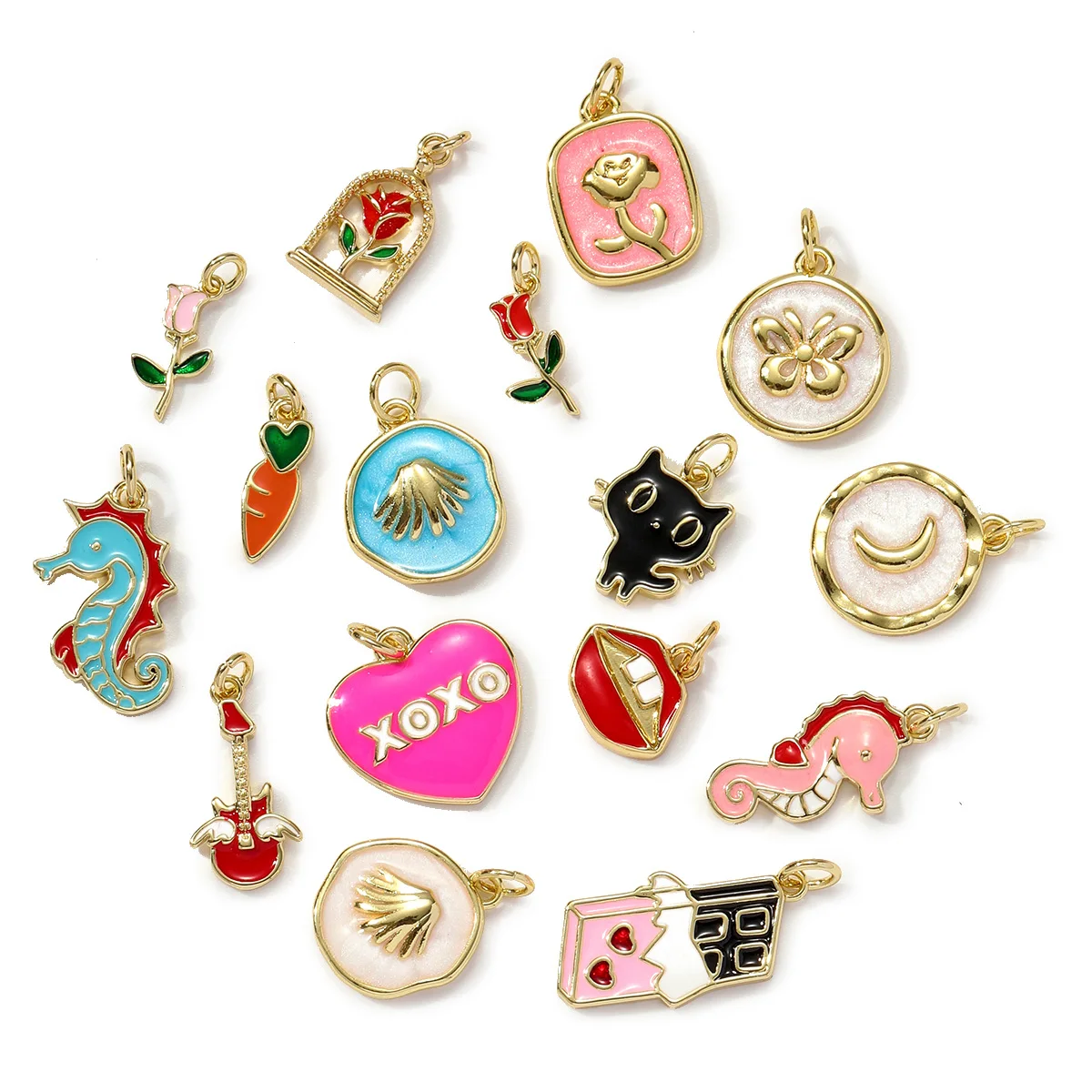3pcs/Lot Wholesale Copper Enamel Moon Rose Lip Diy Charms Women Shell Cat Seahorse Necklace Pendants Butterfly Heart Jewelry - view 2