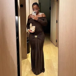 DSMTRC Ruched Metal Buckle Ribbon Slash Neck Robe Elegant Party Dress Full Sleeve Skinny Stretch Birthday Long Bodycon Vestidos
