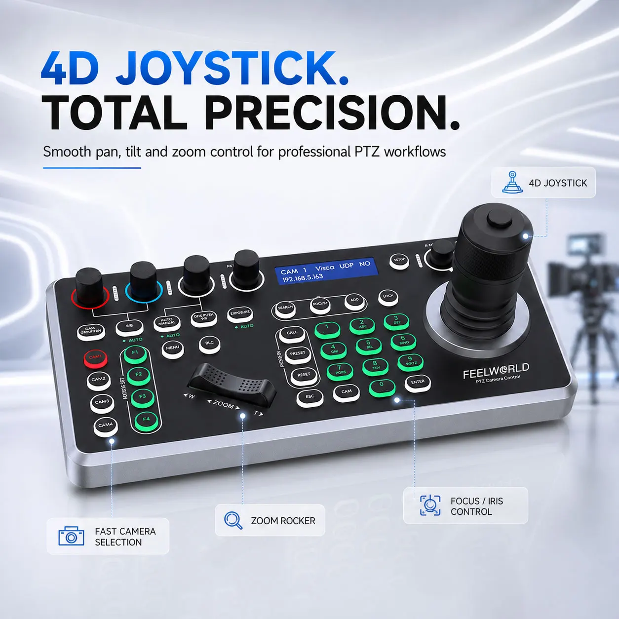 FEELWORLD KBC20N NDI PTZ Camera Controller 4D Joystick PoE Power Supply Multi-Control Protocols & Multiple Interfaces