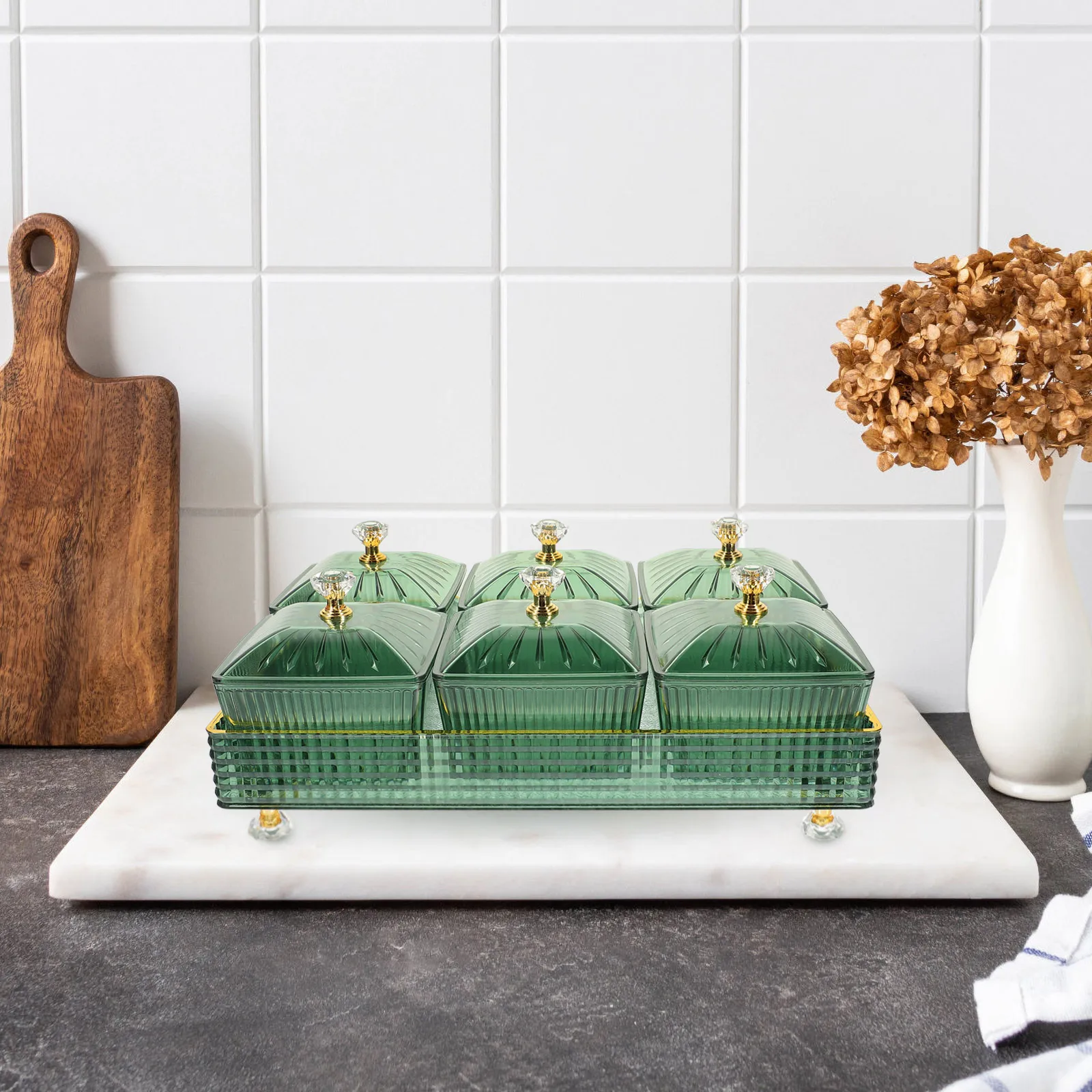 

1 set Creative Snack Tray Green Divided Fruit Dish Household Food Bowl Candies Nuts Condiments Serving Plate Kitchen Utensil Set