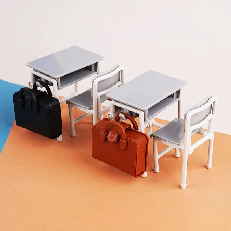 

2 Set Desk School Bag Model Kids Table and Chairs Mini Dollhouse Furniture Plastic Child