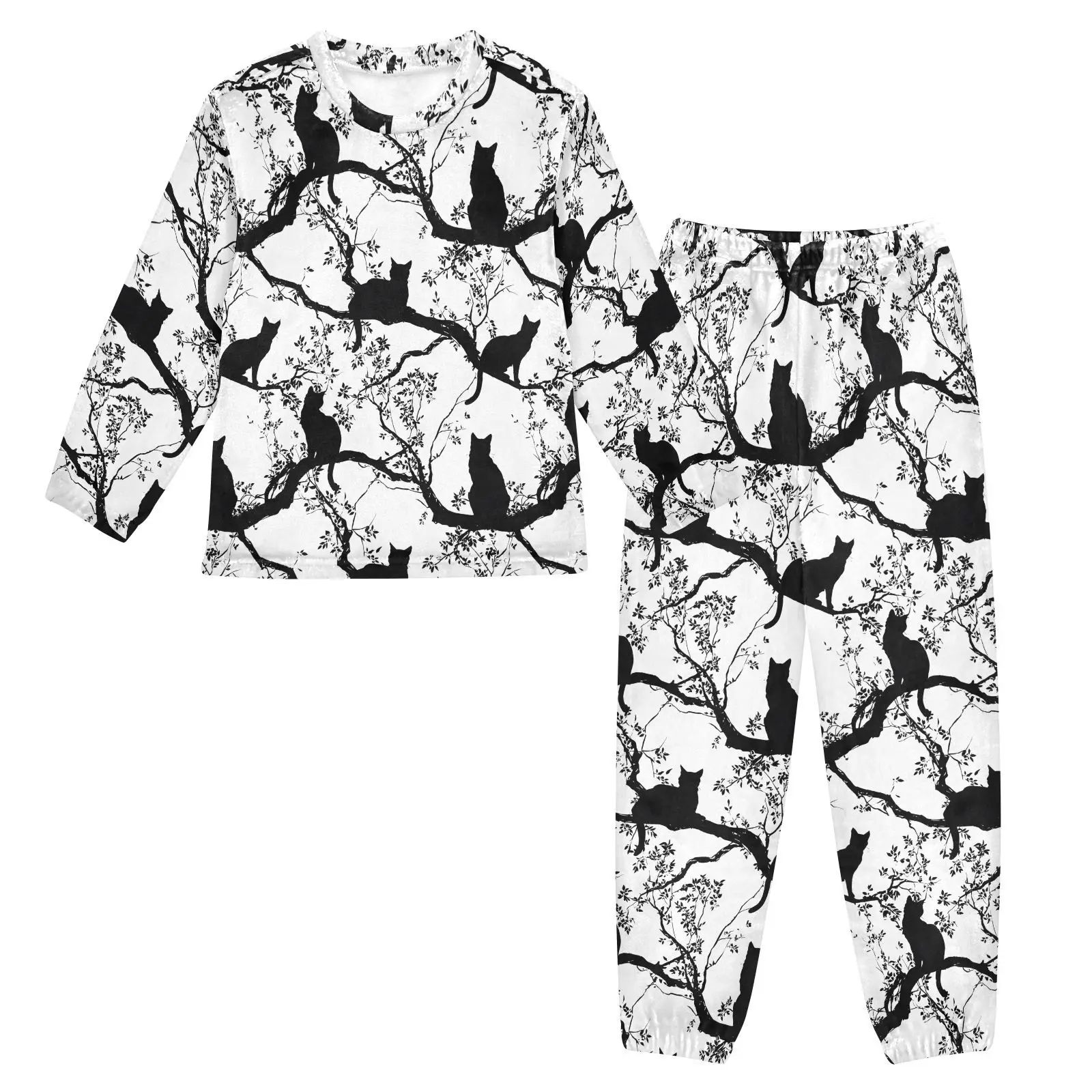冬用長袖ソフトブラック猫プリントぬいぐるみパジャマセット女の子男の子用快適な子供用寝間着ナイトウェアラウンジウェア