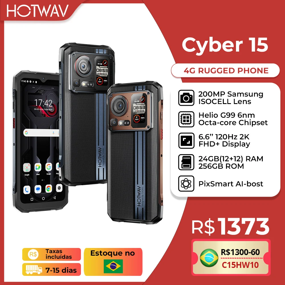 [Envio do Brasil] HOTWAV Cyber 15 Rugged Phone G99 200MP PixSmart 6.6'' 2K 120Hz Smartphone 24(12+12)GB 256GB Mobile Phone