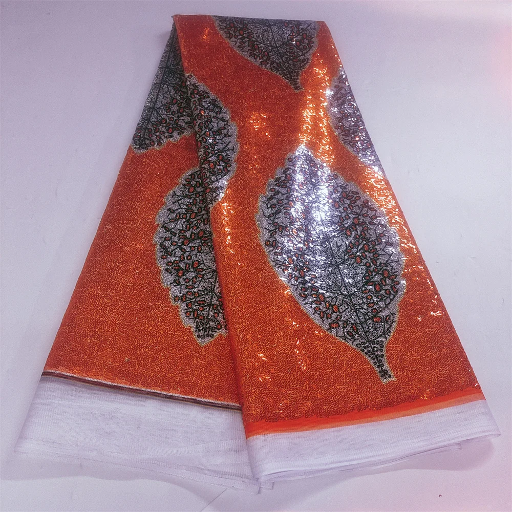 High Quality 5yards African Sequins Lace Fabric Nigerial Silk Style Sequins Material for Party Dress Popular Design P-4-911-2