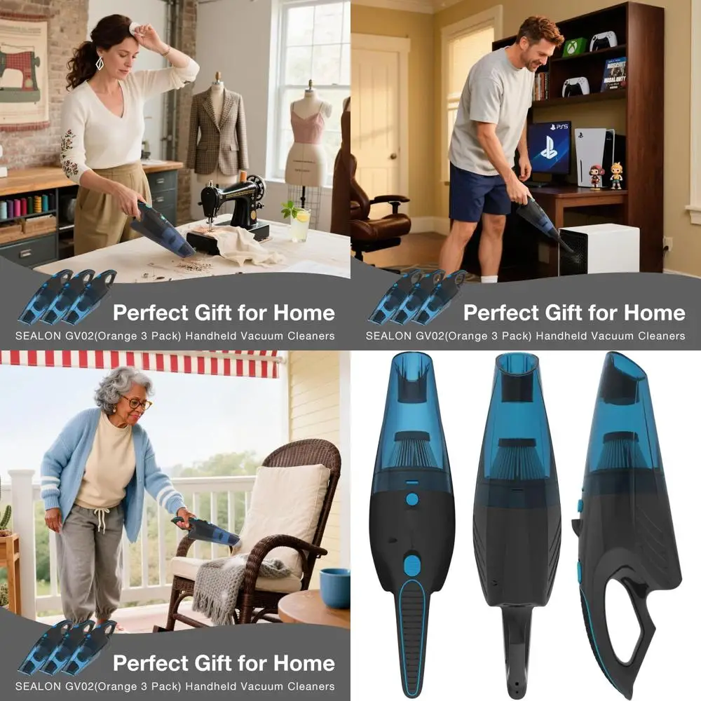 Portable Rechargeable 10KPa Car Vacuum Cleaner with LED Light, Multi-Nozzles, 3-Pack Blue