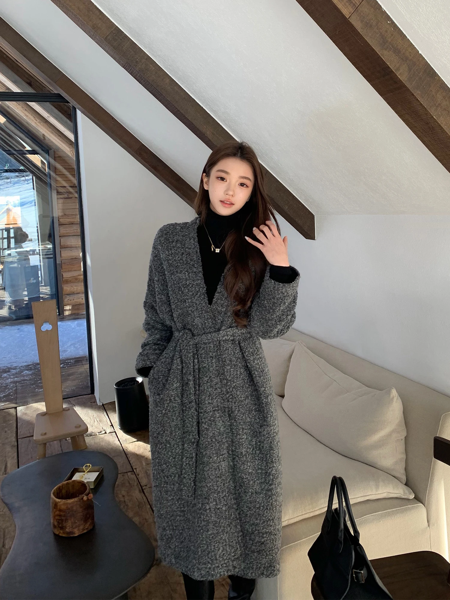 

Зимний кардиган Pusumede Aosphere Lazy Sle для женщин, свободный вязаный кардиган из хлопка и шерсти, средней длины, шерстяное пальто