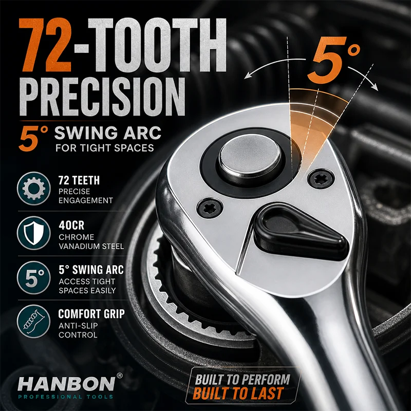 72 Teeth Ratchet Wrench, Quick Release Double Sided Ratchet Spanner, Reversible Manual Wrench for Auto Repair DIY Tools