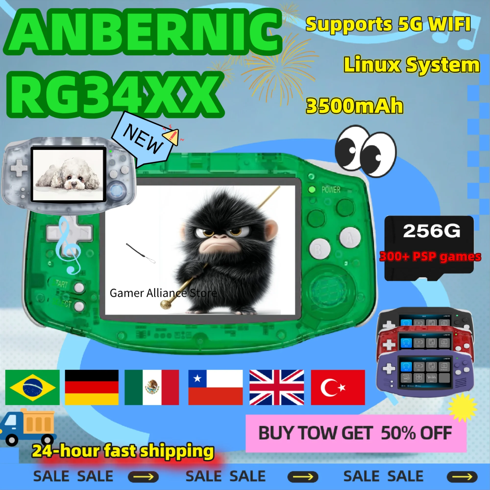 ANBERNIC RG 34XX Retro Handheld Game Player Video Game Consoles 3.4-inch IPS Screen  3500mAh  RG34XX 32G Linux 64-bit System PSP