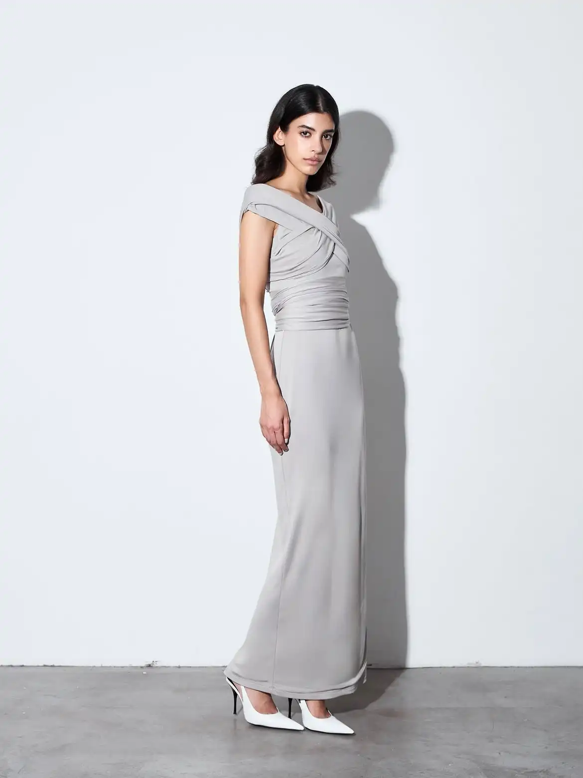 Light Grey Evening Maxi Dress Fold Over Cross Off Shoulder Neck Multi-Layer Cross Draped Bust Waist Horizontal Ruched Band Slim