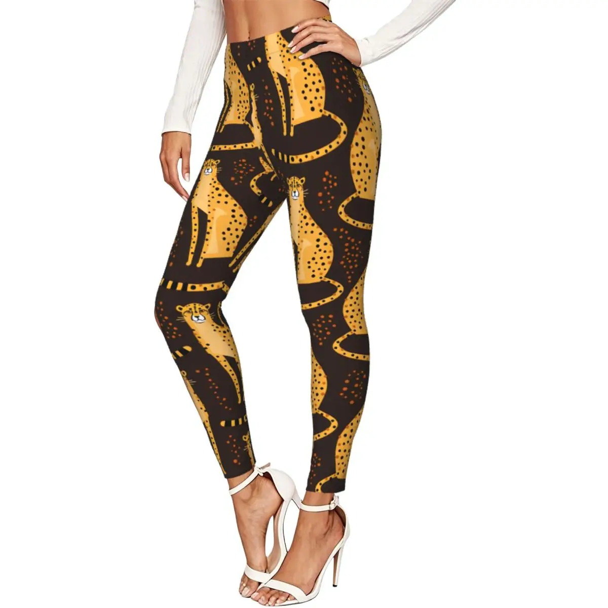 Casual Ladies Slim Leggings Cheetahs Leopards Wild Cats Background Elastic High Waist Sports Daily Wear Trousers