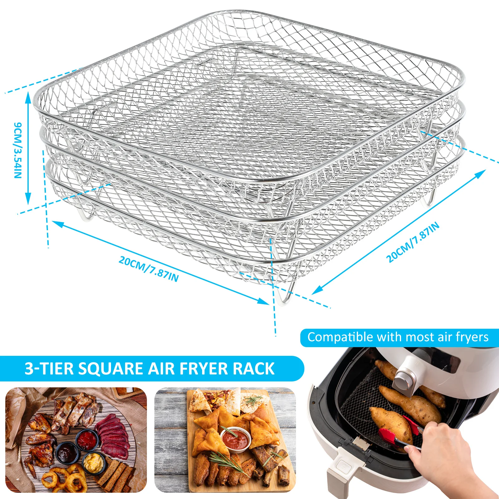 Air Fryer Dehydrator Rack Stainless Steel Dehydrator Rack Grill Square Steam Grill 3-Layer Stackable Air Fryer Accessories