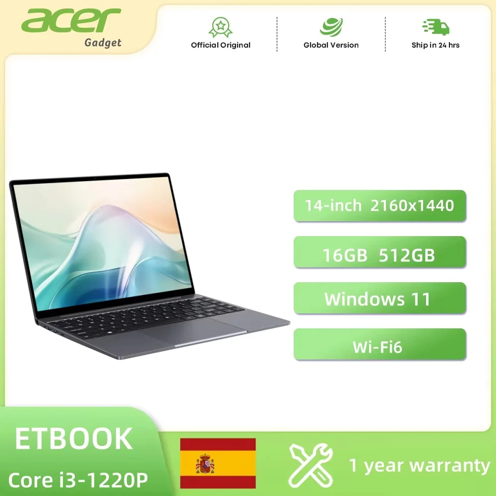 Acer Gadget e10 ETBook Gaming Laptop Intel Laptop Core i3-1220P 16 GB RAM 512 GB SSD Computer 14 Zoll 2K IPS WiFi6 Windows 11 Laptops