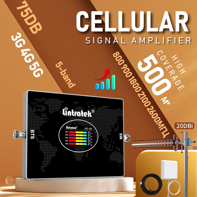 Lintratek Cellular signal amplifier 5-Band signal amplifier  with 20Dbi Outdoor antenna Enhance the signal for phone 3g 4g 5gLin