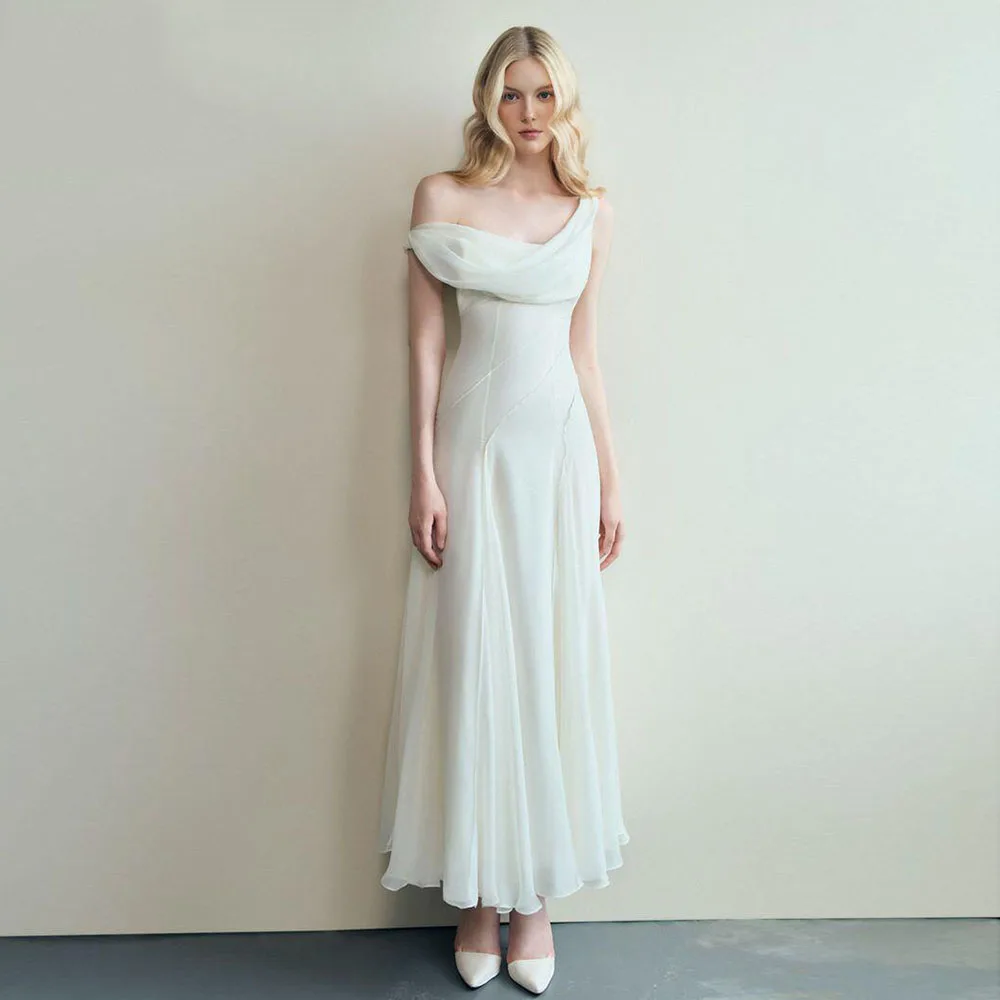 

Белые вечерние платья женские на одно плечо высокого качества до щиколотки со складками без рукавов вечерние женские платья простые