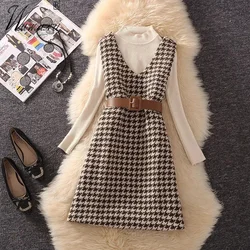 Eleganckie Kint topy sukienki 2-częściowy zestaw Vintage w stylu Houndstooth Tweed Mini bez rękawów bez rękawów sweter z dzianiny damskie stroje