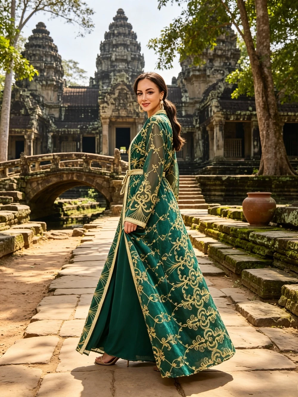 Customized Green Kaftan Gold Baroque Patterned Long Dress 2026 Elegant V-neck A-line Muslim Evening Gown Suitable for Ceremonies
