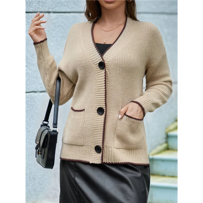 AD30-سترة نسائية بأكمام طويلة وكتلة ألوان وزر خريفي للأسفل معطف كاجوال ناعم منسوج مع جيب #3