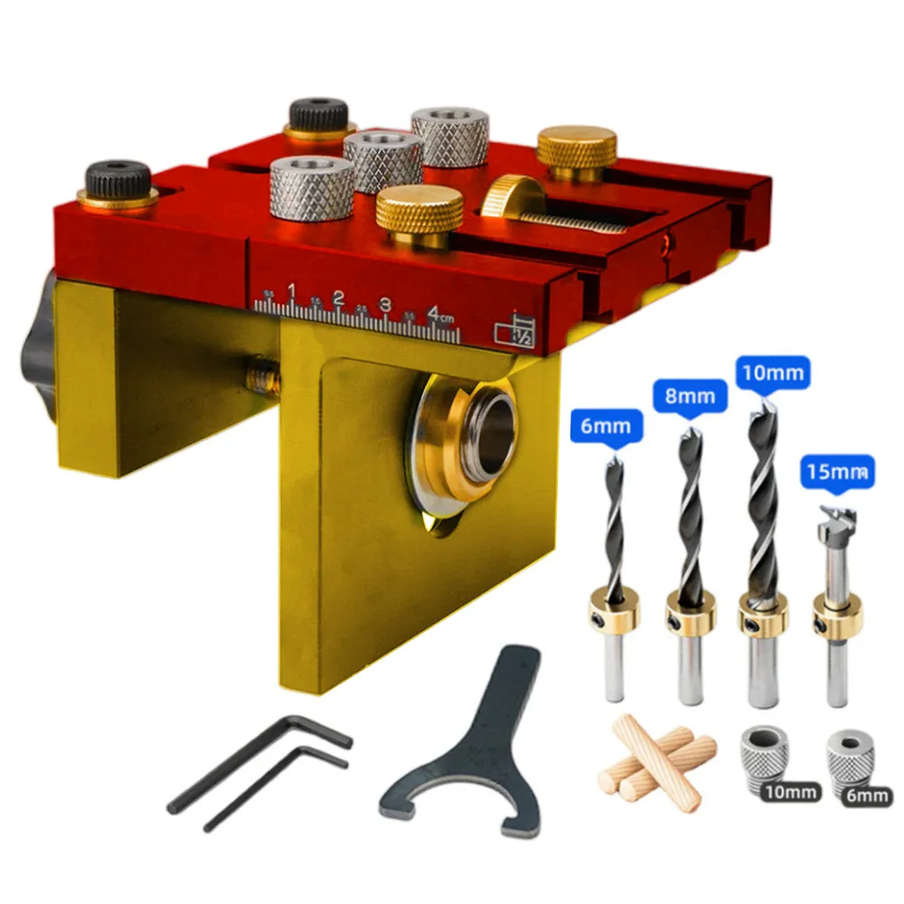 

3 In 1 Dowelling Jig Kit Adjustable Pocket Hole Jig Woodworking Drilling Guide Tenoning Puncher Locator W/ 6/8/10/15mm Drill Bit