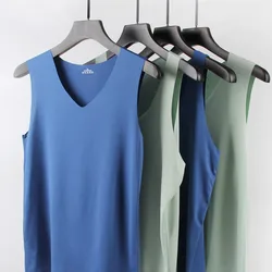 Summer Men's Casual Tank Tops Seamless Breathable Ice Silk T-Shirt Vest Men Sports Undershirt Solid Color Sleeveless V-neck Tees