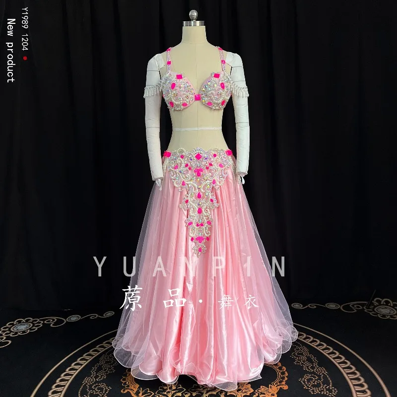Customized Belly Dancewear Rhinestone Accessories Group Stage Suit Performance Costume Belly Dancing Bra Tassel Split Skirt Set