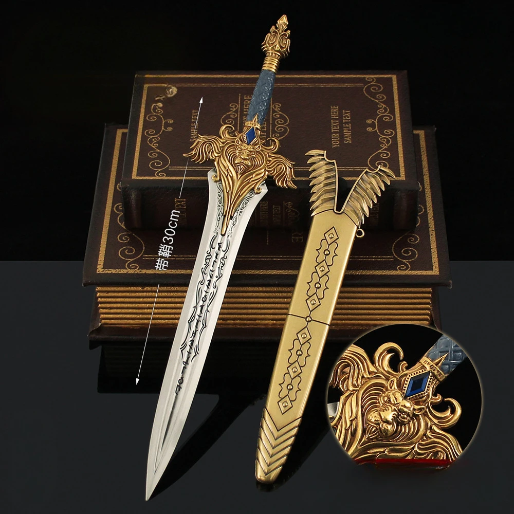 JX TOY 30cm Warcraft1 Weapon Llane Wrynn Sword with Sheath Antique Gold Metal Replica Samurai Sword Collection Ornaments Knife