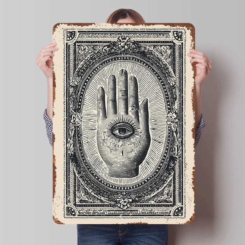 All-Seeing Eye Hand Symbol Poster Customized Vintage Metal Signs Wall Art Retro Tin Plaque for Office Decoration Gaming House