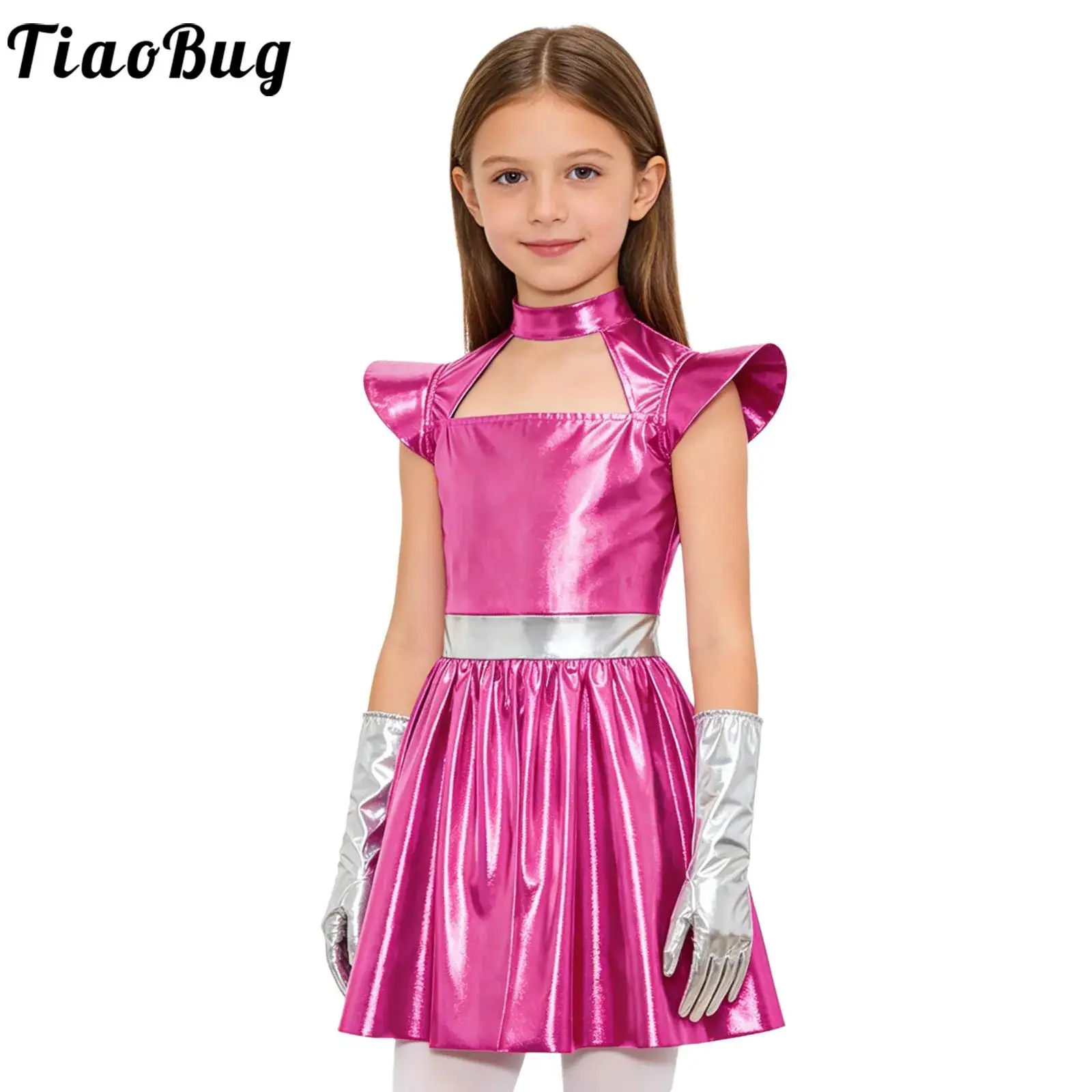 Kids Girls Alien Robot Costume Halloween Outers Pace Party Cosplay Dress Up Hollow Out Flying Sleeve Metallic Dress with Gloves