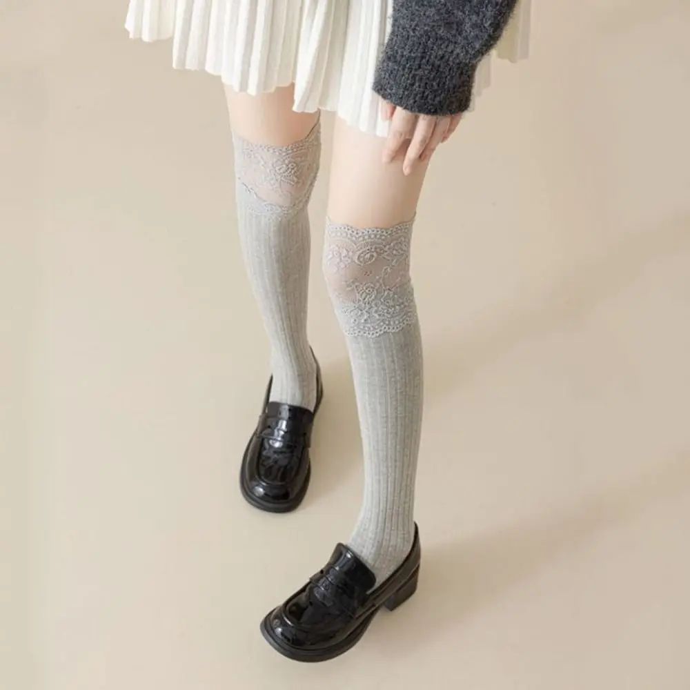 Solid Color Women's Long Socks Breathable Lace Trim Girl's Stacked Socks Comfortable Thickened Knee High Socks Lolita Style