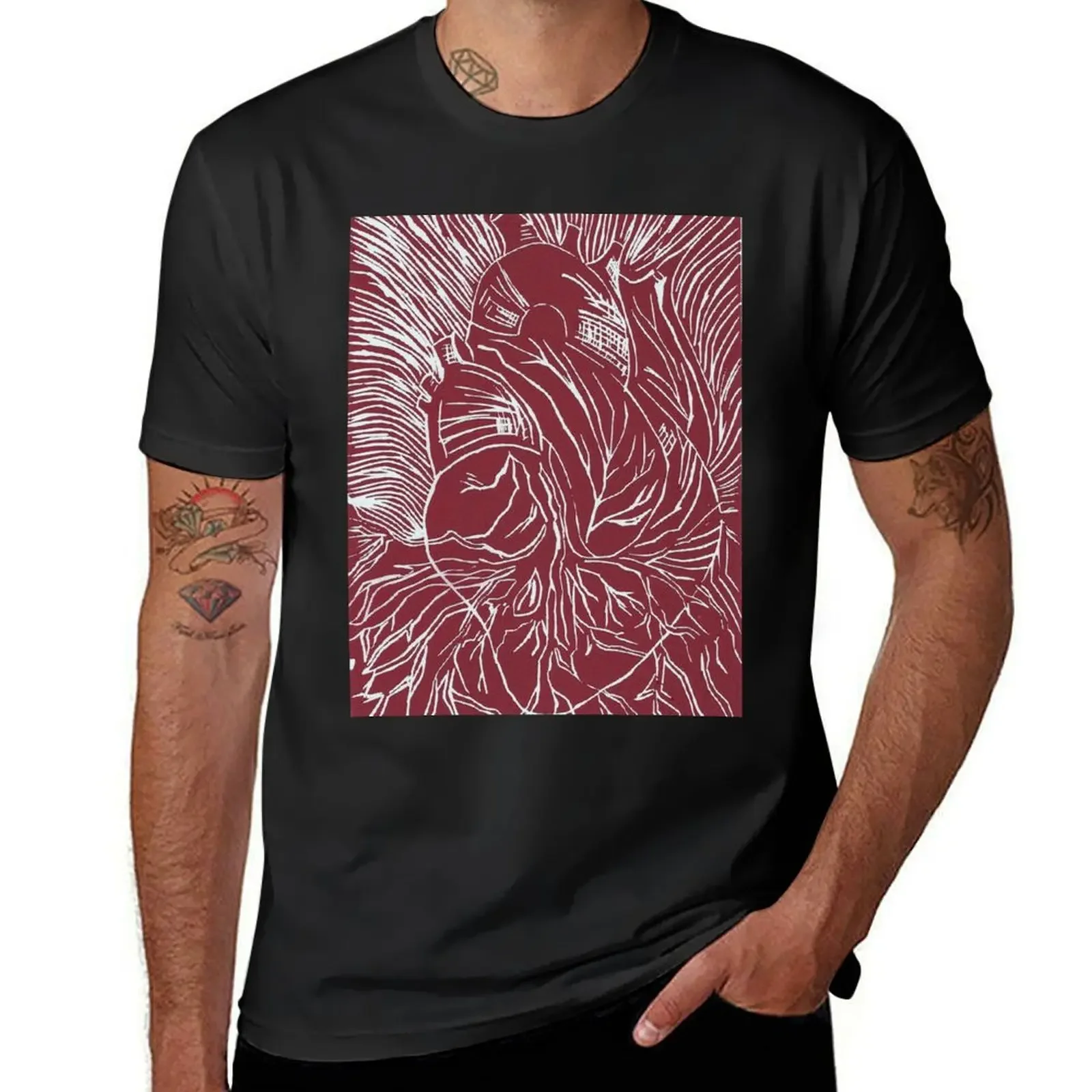 Heart Linocut Relief Print T-Shirt plain Short sleeve tee t shirts for men pack