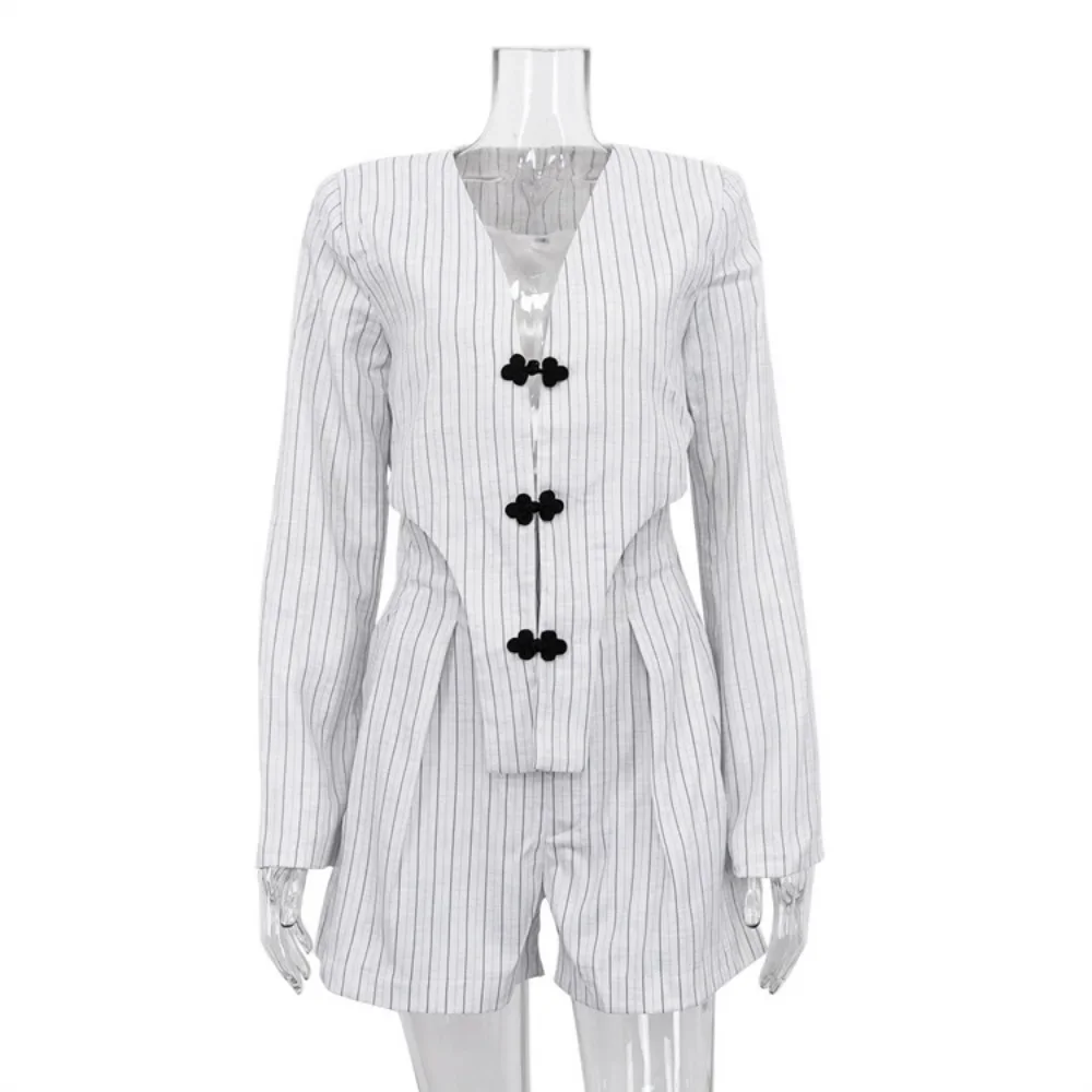 TWOTWINSTYLE Striped Two Piece Set for Women V Neck Long Sleeve Spliced Button Coat High Waist Shorts Chic Sets Female