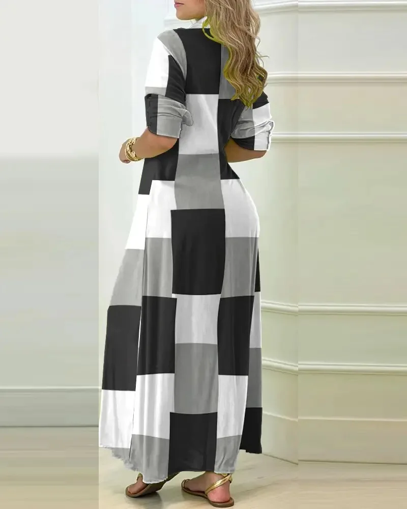 2024 Abito estivo a maniche lunghe con scollo a V e bottoni per le donne Abiti maxi con spacco alto monopetto con stampa a righe casual