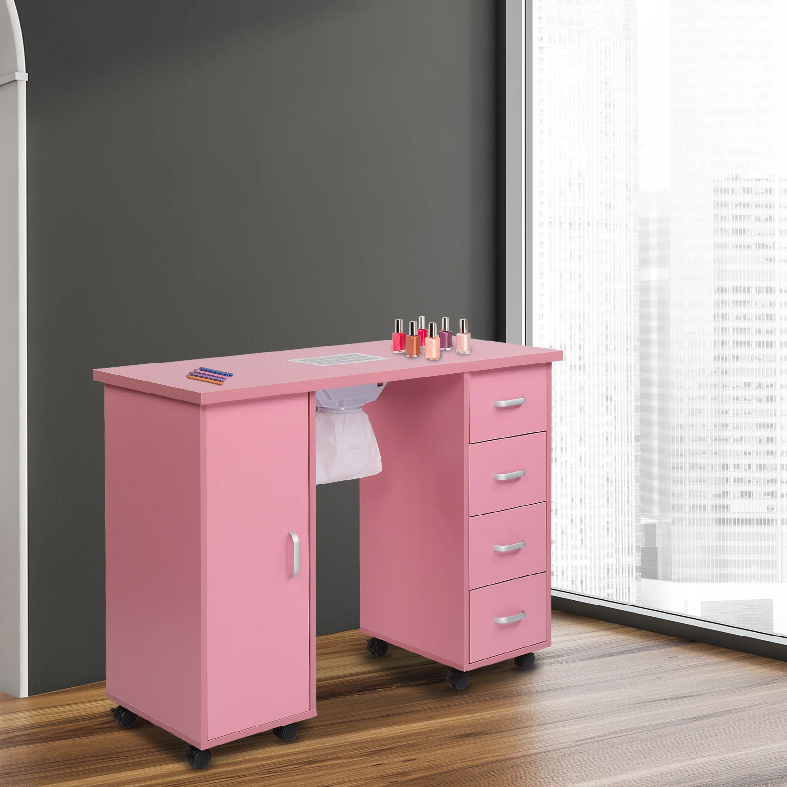 MDF Single Door 4 Drawers With Fan Pink Nail Table