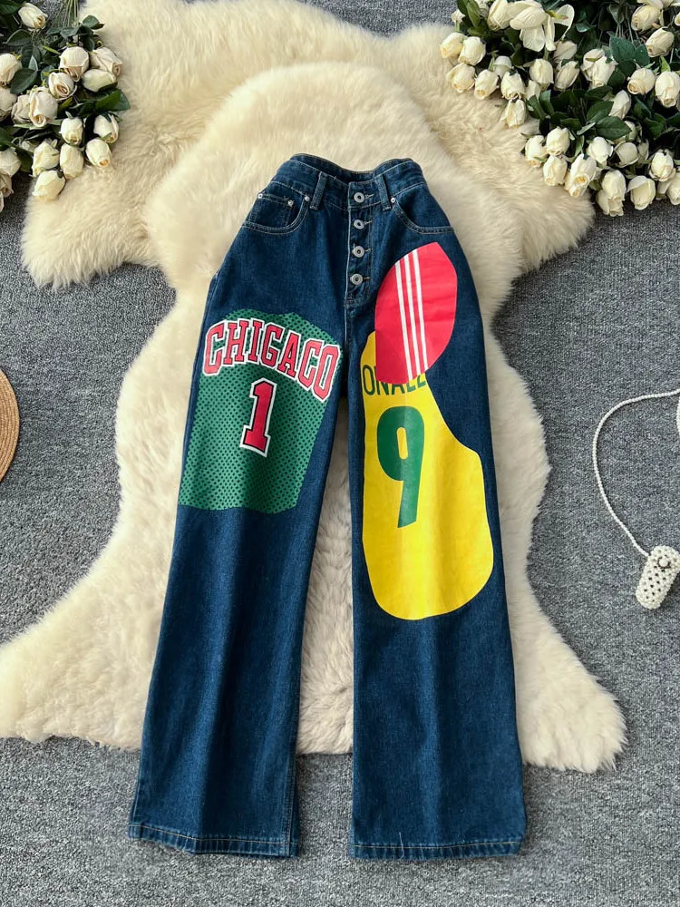 

American style retro letter printed jeans women's spring new high waist slimming design sense wide leg straight leg pants