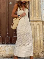 S - XL 2025 Túnica de punto de ganchillo con cuello en V, pareo largo para la playa, vestido de playa, ropa de playa, ropa de playa para mujer