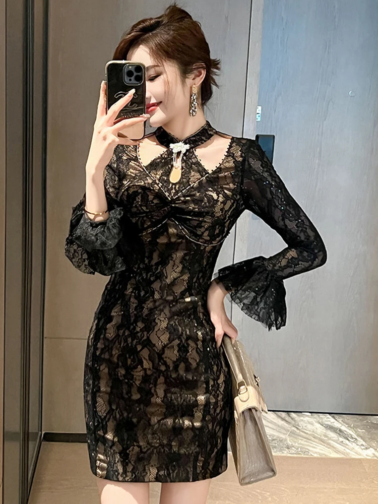 Spring Fashion Lady Sequin Black Short Dress Women Clothing Elegant Hollow Sexy Flare Sleeve Slim Party Gown Birthday Vestidos