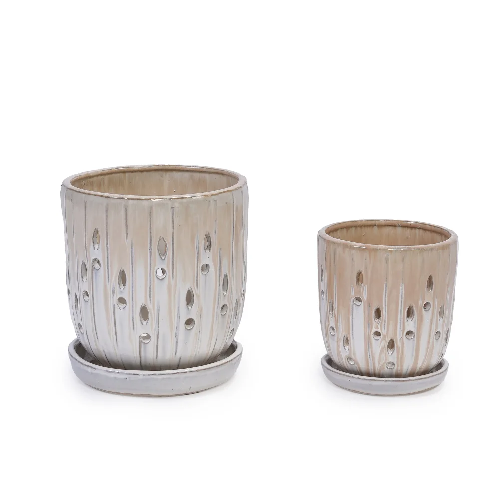 

2 pcs Striped Ceramic Flowerpot with Drainage Hole, 8" Modern Planter for Patio, Garden, Windowsill - Brown