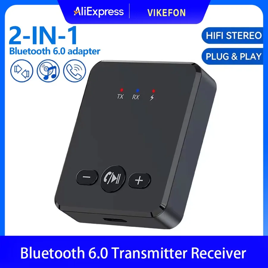 Bluetooth 6.0 Transmitter Receiver 2 In 1 Audio Adapter 3.5MM AUX With Mic Hifi Stereo Music For Car Audio Systems Amplifier