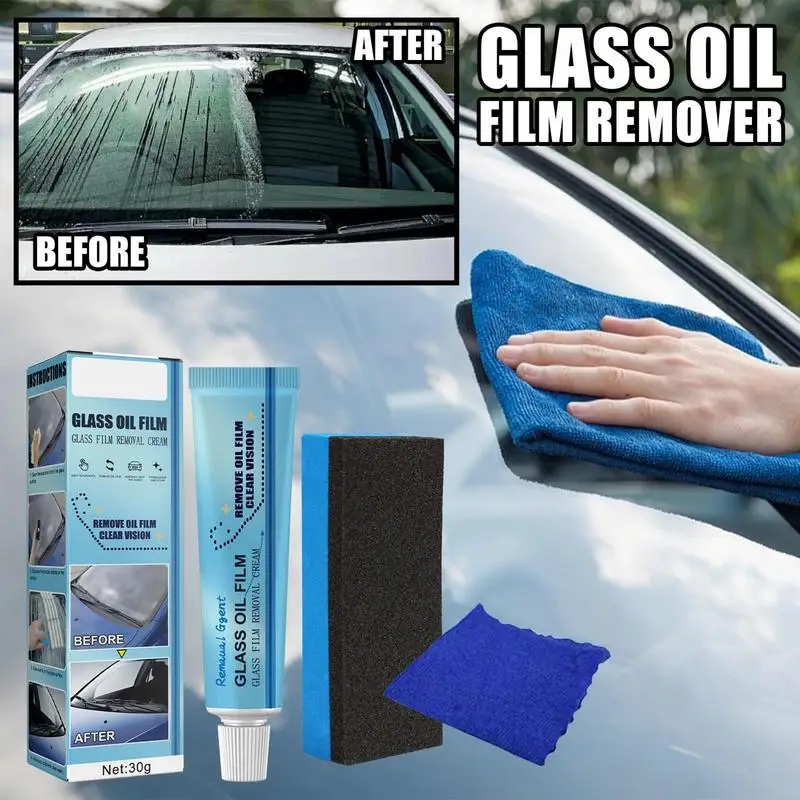 Glass Oil Film Removal Cream With Sponge And Cloth Car Windshield Window Heavy Oil Stain Cleaner For car windshields and windows