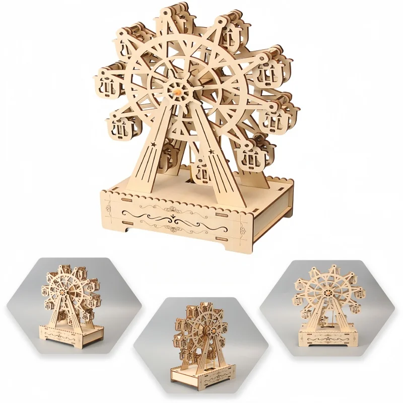 3D Wooden Puzzles Rotatable Ferris Wheel Amusement Toy Park Music Octave Box Model Kit Assembly DIY Toy Gift for Kid Adult Toy