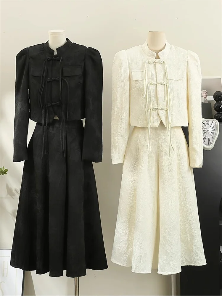 

Spring 2024 New Chinese Style Fashion Set Women's Long Sleeve Shirt And High Waist A-Line Skirt Two-Piece Set Versatile And E...