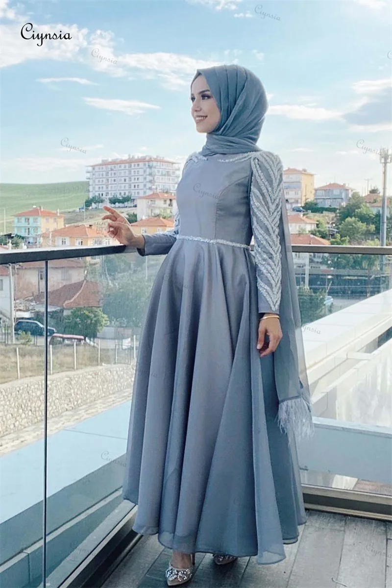 

Ciynsia Elegant Robes De Soirée A-Line Beaded Muslim Modest Evening Gown Dresses Blue Hijab Women Formal Dress with Sleeves